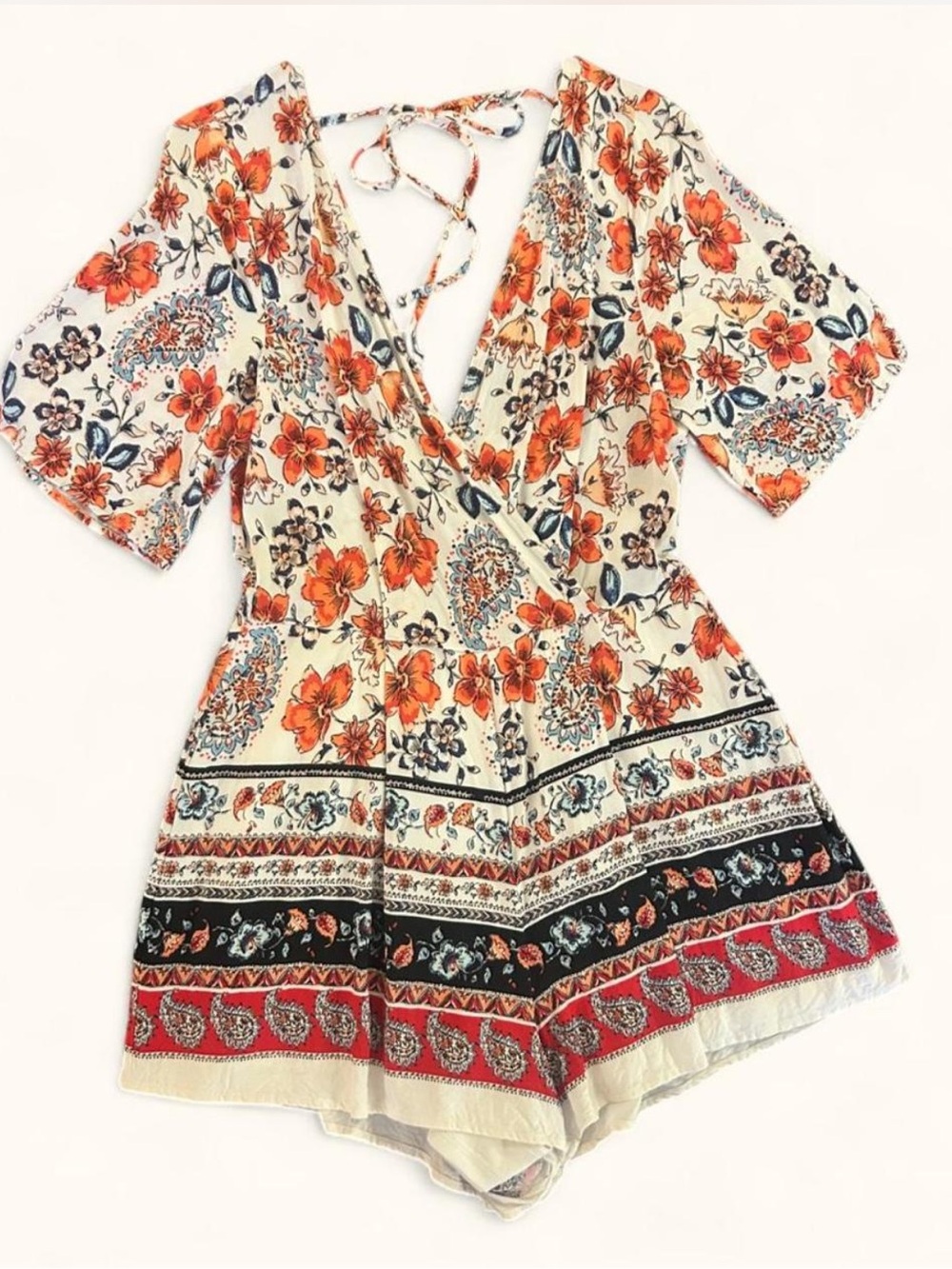 Blue Rain Floral Romper in Orange, Cream, and Blue Floral - M, Francesca’s